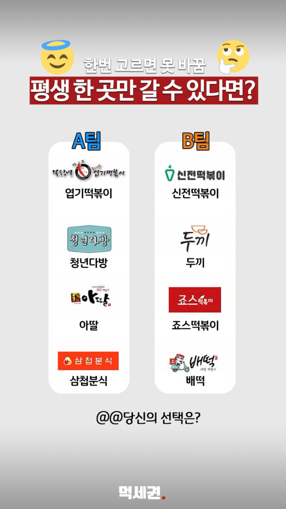 "엽떡파 vs 신전파" 평생 떡볶이 딱 한 팀만 고르는 역대급 밸런스 게임 3 300 평생한곳만 릴스 2