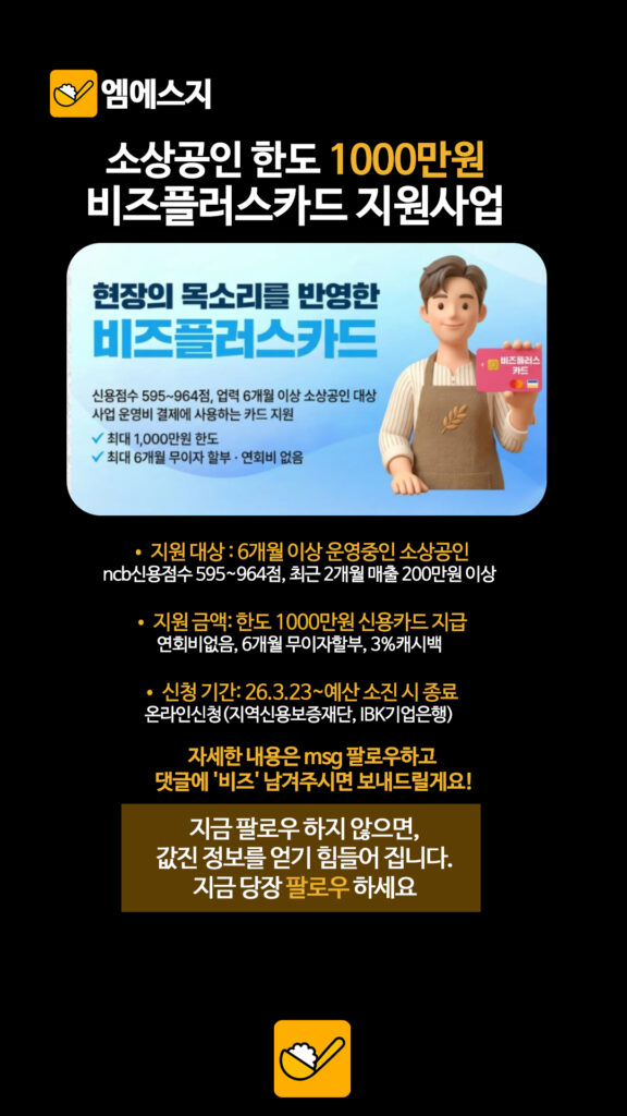 소상공인 주목, 최대 1,000만 원 한도 부여하는 신규 신용카드 지원사업 개시 3 026 비즈플러스카드 2