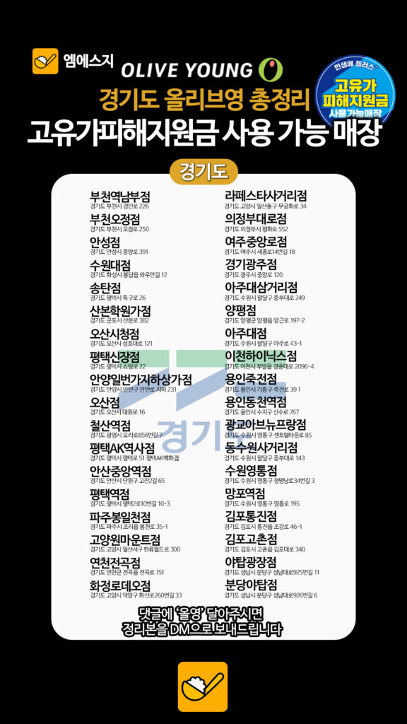 경기도 부천부터 성남까지, 고유가 피해 지원금 결제 가능한 경기 지역 올리브영 명단 리스트 3 144 올영지원금경기도 2