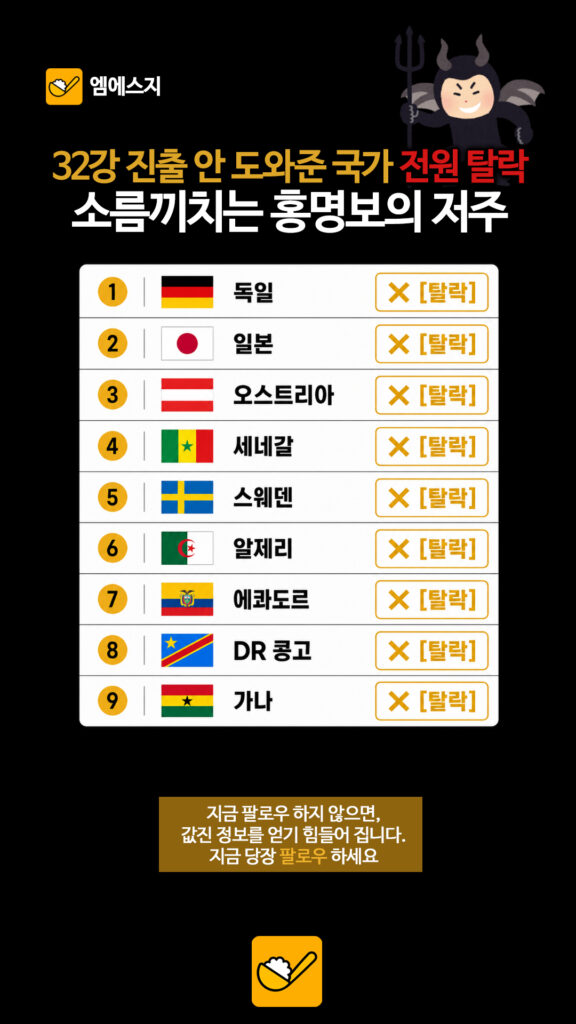 홍명보의 저주 전말, 한국 외면한 월드컵 강팀들 줄줄이 탈락한 이유, 32강 전원 탈락, 독일, 일본, 오스트리아, 세네갈, 스웨덴, 알제리, 에콰도르, 콩고, 가나 3 217 홍명보의저주 2