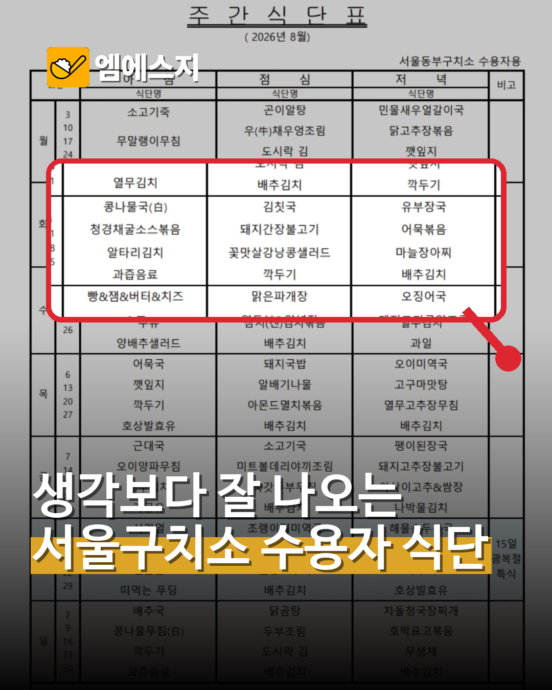 ‘콩밥만 먹는다’는 옛말? 서울구치소 식단 보니 닭갈비·생선가스