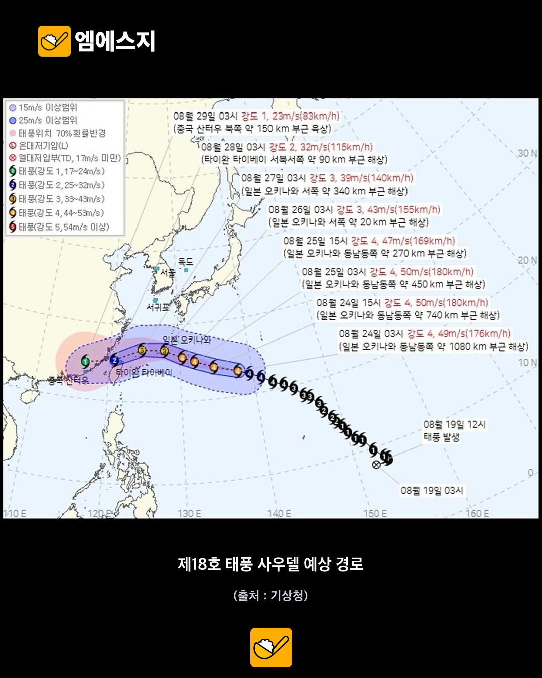 ‘처서’ 지났는데 낮 최고 36도…태풍 사우델, 한국 더위 부추기나 2 기상청 제18호 태풍 사우델 예상 이동 경로