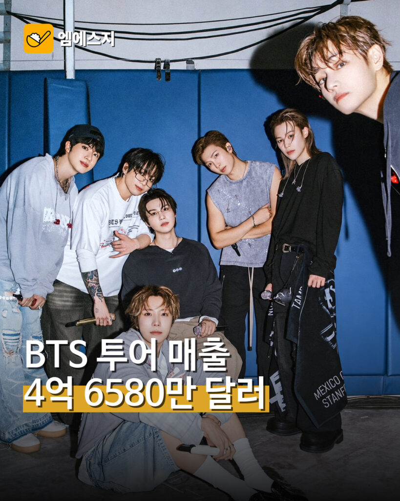 BTS 멤버들이 함께 있는 공연 준비 사진과 투어 매출 집계 문구