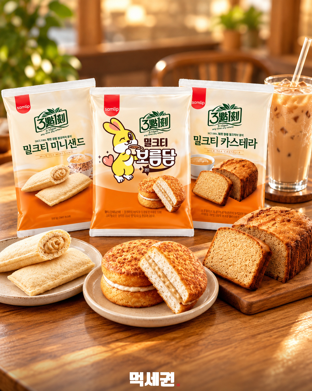 삼립 밀크티빵 세 제품의 패키지와 빵 단면