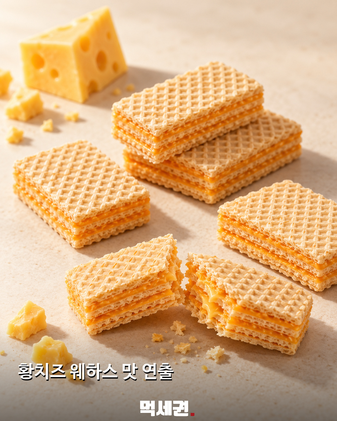 해태 로슈 저당 미니웨하스 2종 소개…황치즈·다크초코 2 해태 로슈 저당 미니웨하스 황치즈·다크초코를 표현한 먹세권 연출 이미지 상세 1