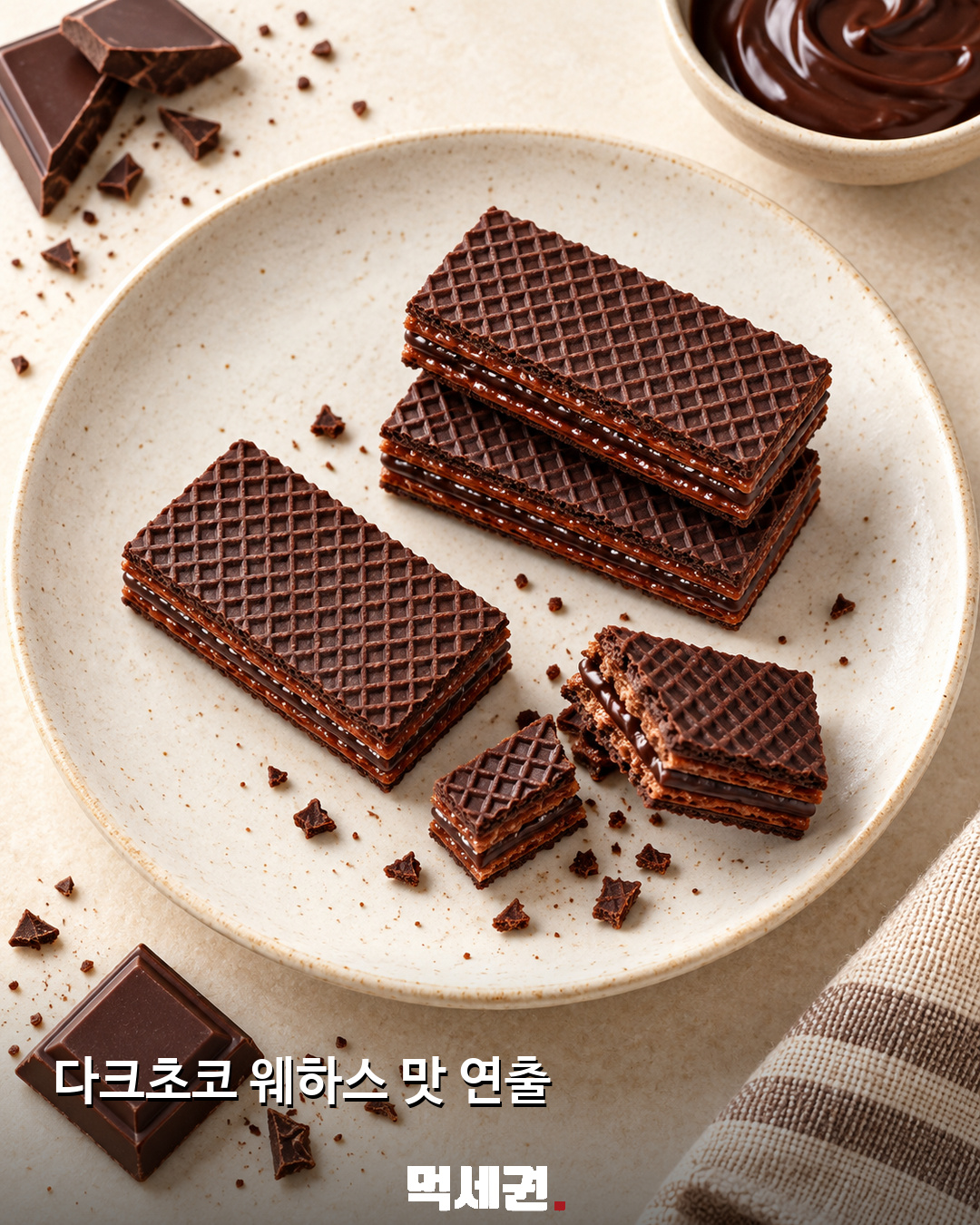 해태 로슈 저당 미니웨하스 2종 소개…황치즈·다크초코 3 해태 로슈 저당 미니웨하스 황치즈·다크초코를 표현한 먹세권 연출 이미지 상세 2