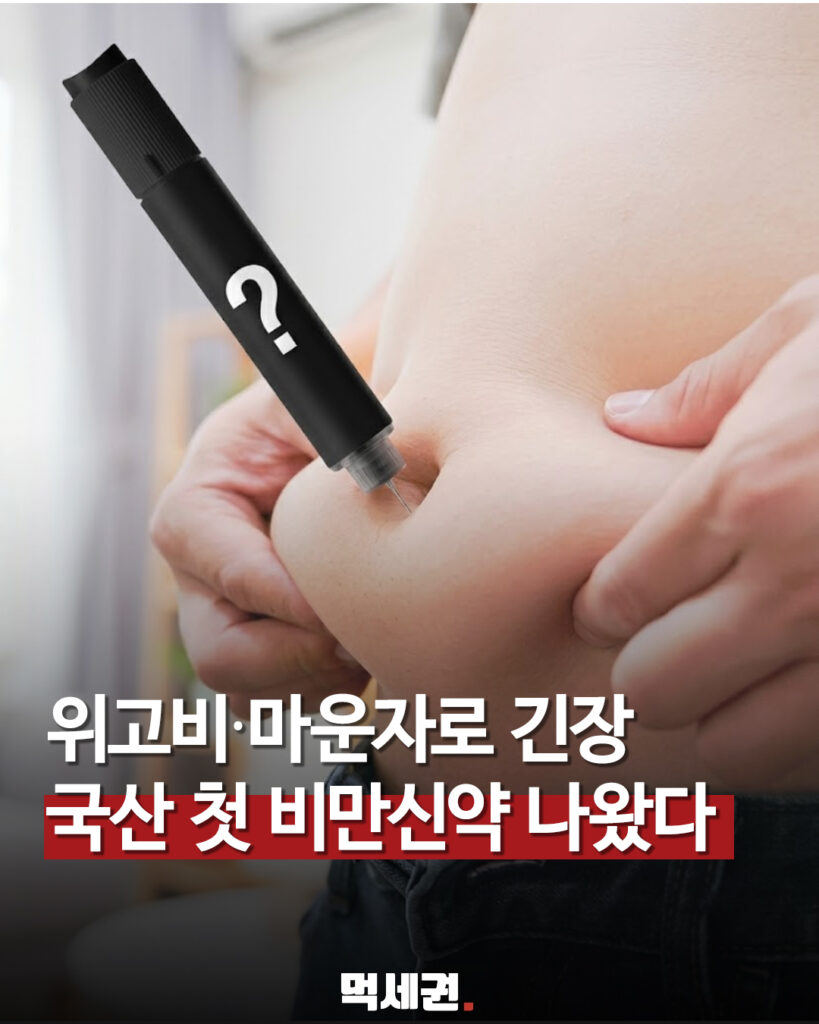 국산 GLP-1 비만신약 허가 소식을 소개하는 이해용 주사 이미지, 실제 제품 사진 아님