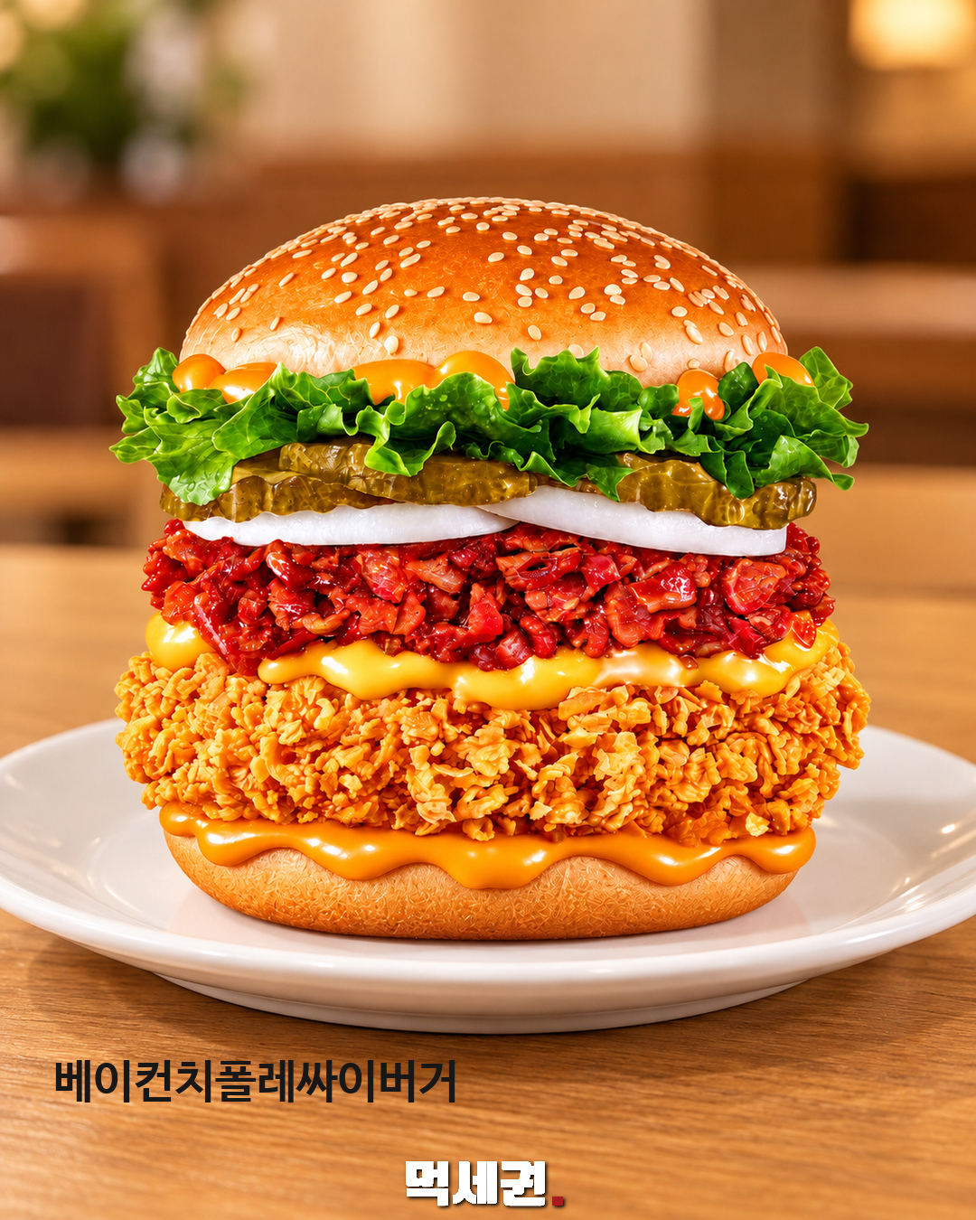 맘스터치 햄치즈휠렛·베이컨치폴레싸이버거…두 가지 치킨버거 3 베이컨치폴레싸이버거의 치킨 패티와 소스