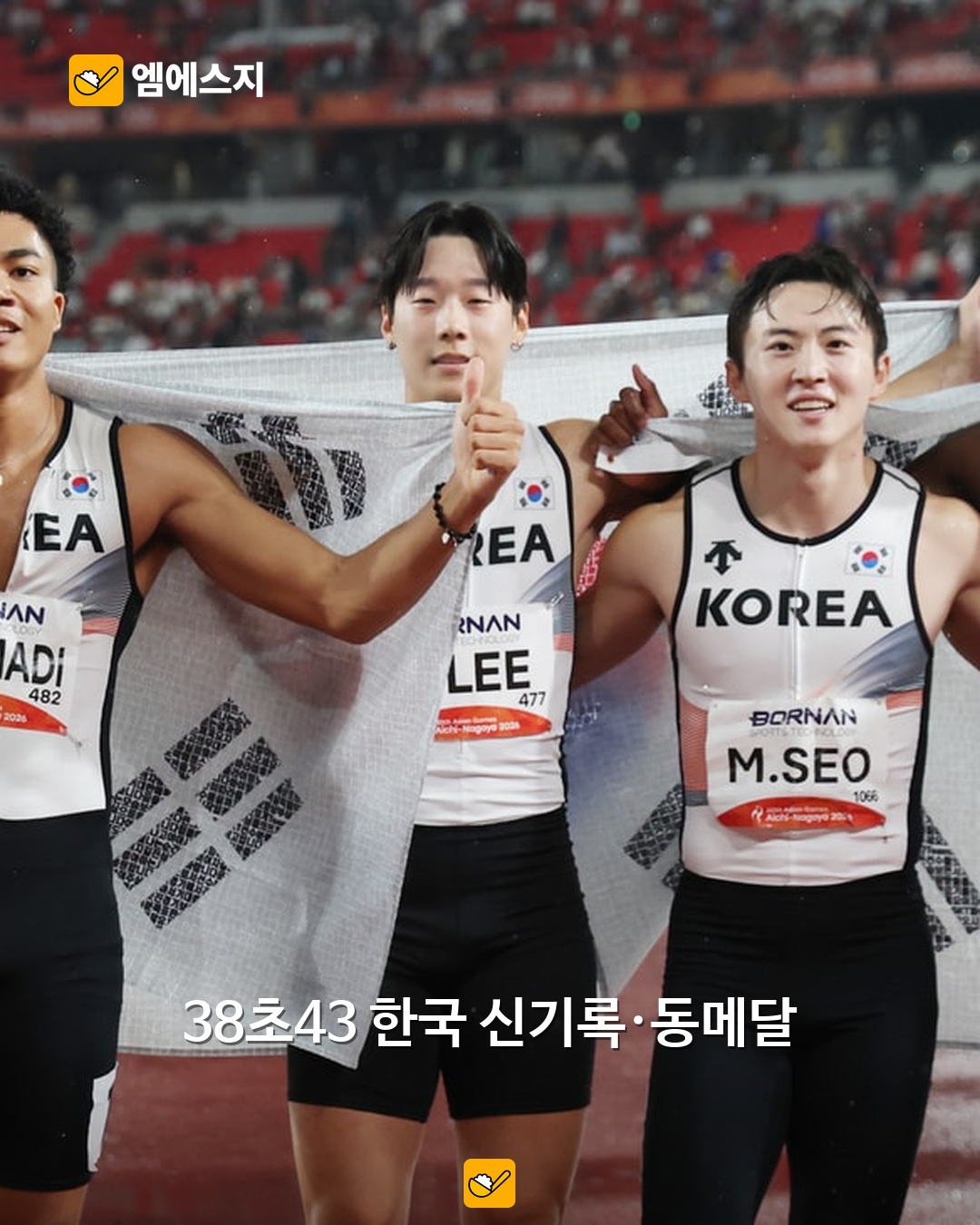 한국 남자 4×100m 계주 38초43 동메달…실격 위기 뒤 한국 신기록 2 2026 아이치·나고야 아시안게임 한국 남자 계주 대표팀 실제 경기 자료사진